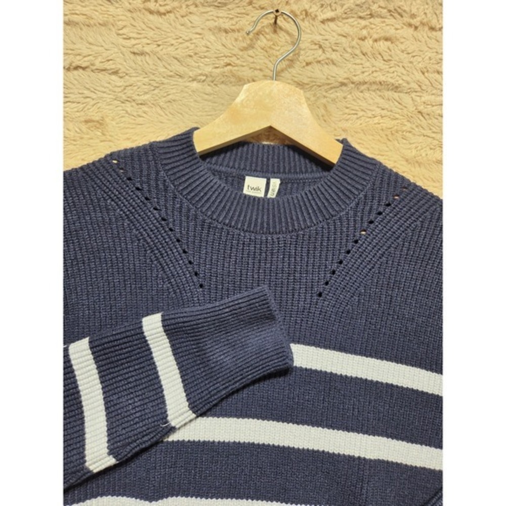 Twik par Simons Navy Blue White Striped Ribbed Knit Ecovero Viscose Sweater S